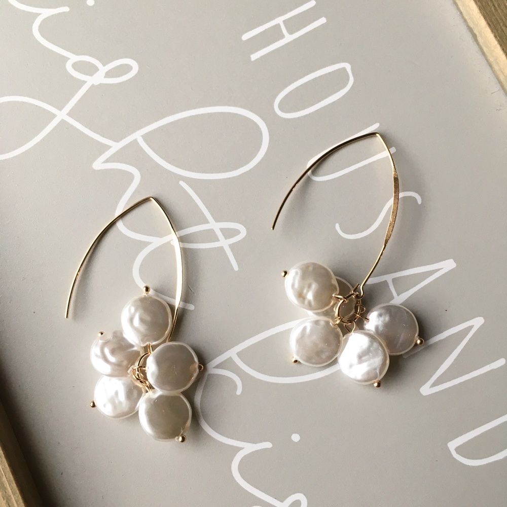 Cluster Freshwater Pearl Drop Gold Earrings - Picture 6 of 6